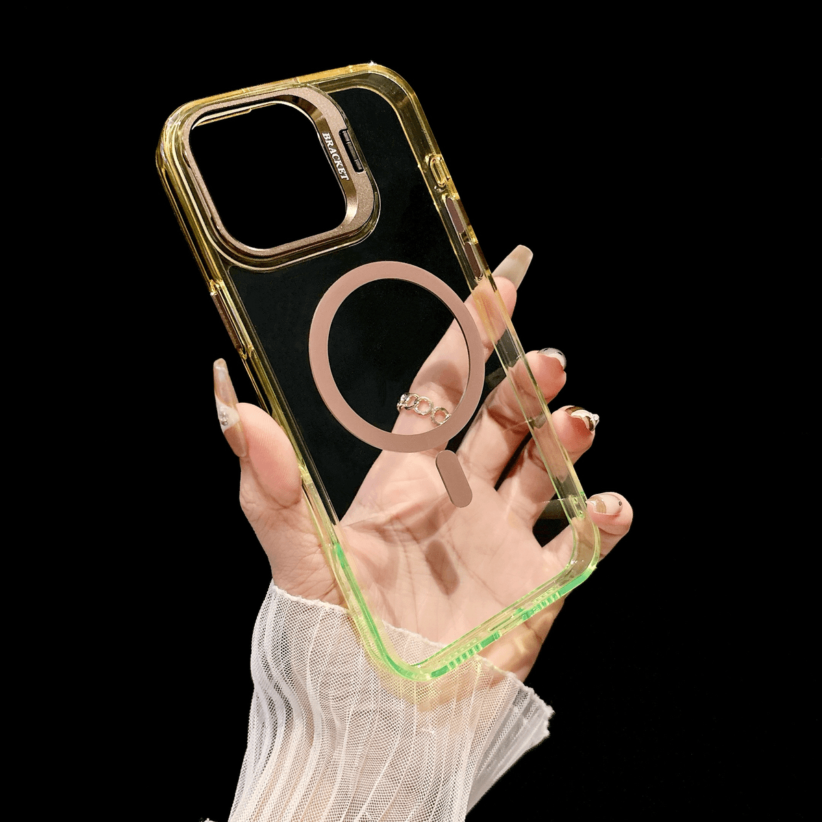 Metal Lens Holder Protective Frame & Transparent Gradient Frame Case Cover for iPhone