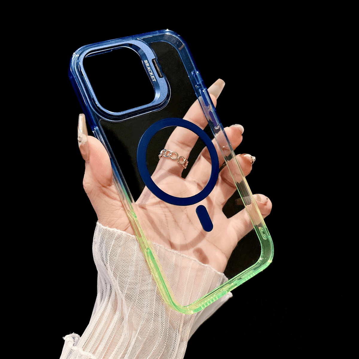 Metal Lens Holder Protective Frame & Transparent Gradient Frame Case Cover for iPhone