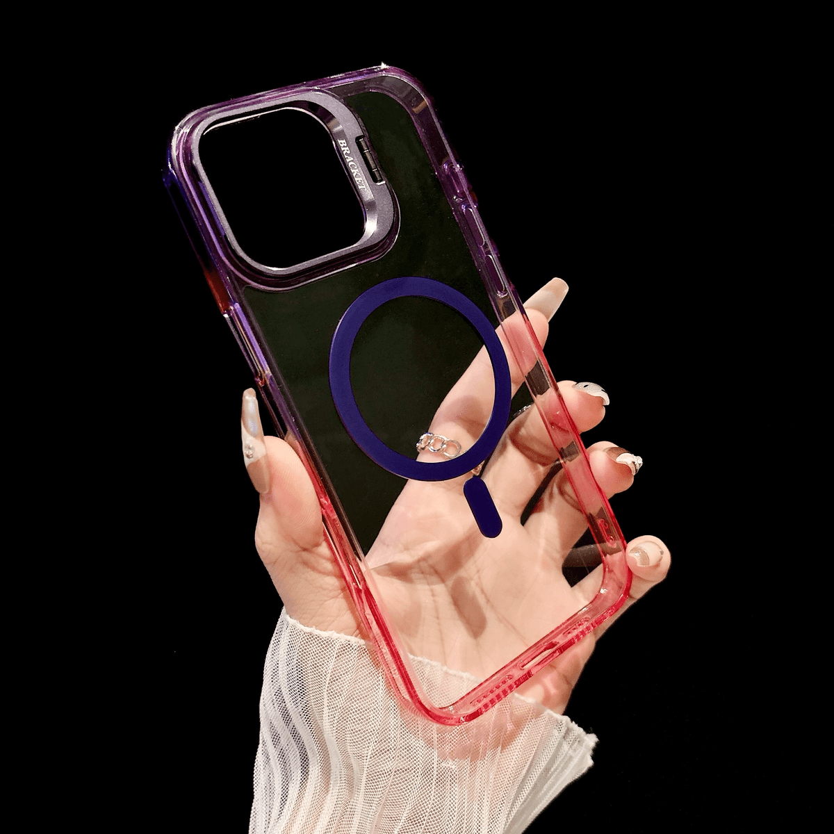 Metal Lens Holder Protective Frame & Transparent Gradient Frame Case Cover for iPhone