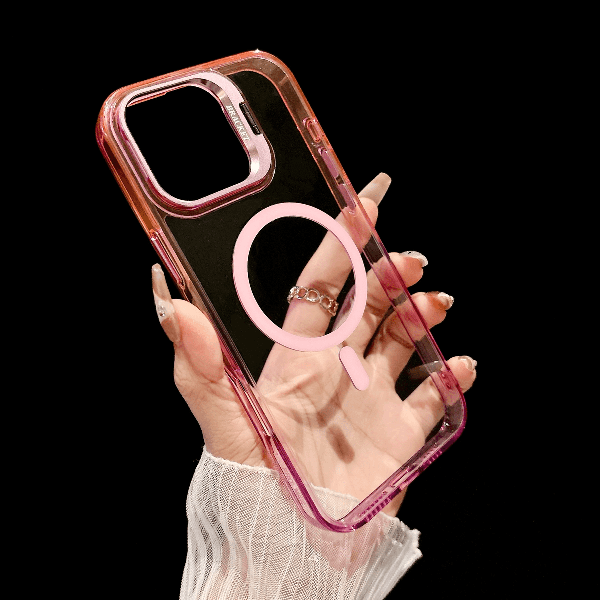 Metal Lens Holder Protective Frame & Transparent Gradient Frame Case Cover for iPhone
