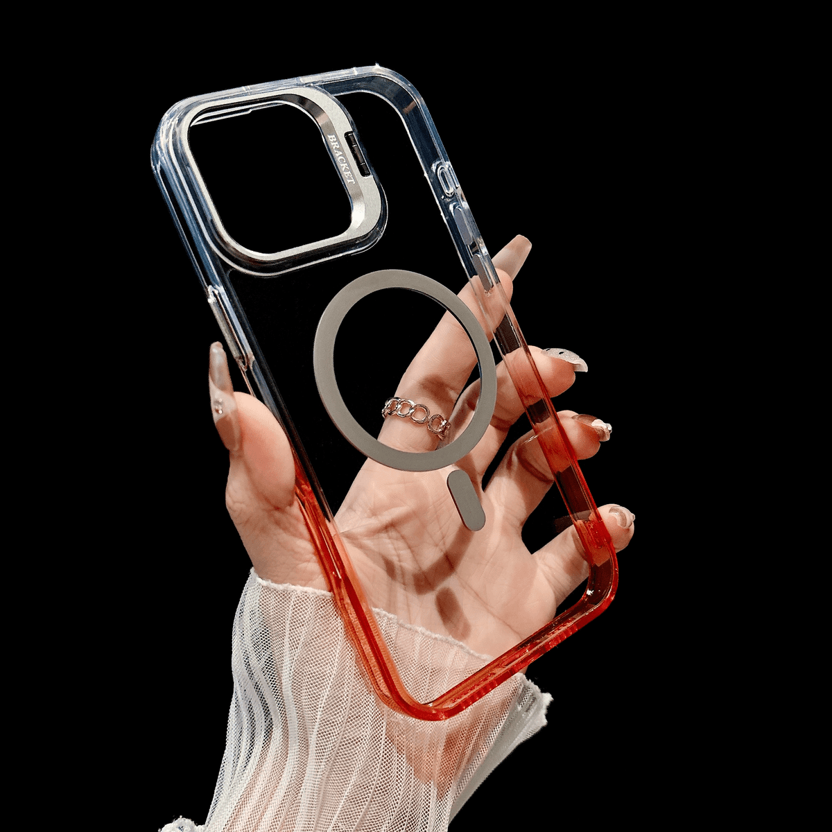 Metal Lens Holder Protective Frame & Transparent Gradient Frame Case Cover for iPhone