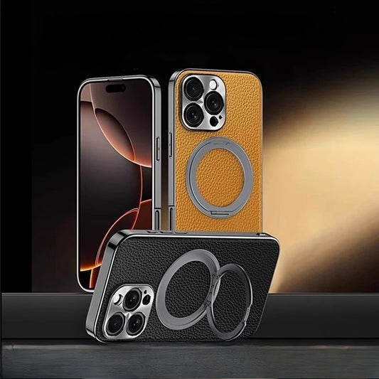 Litchi Textured Calf Leather & Rotating Magnetic Stand Case Cover for iPhone