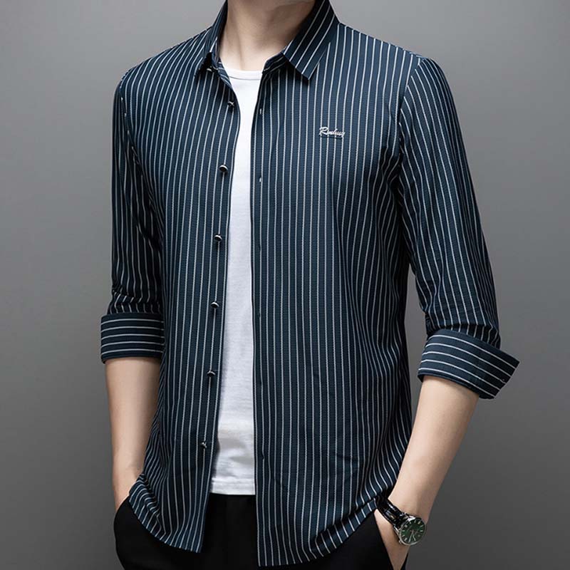 Men's Fashion Classic Striped Collared Long-Sleeve Shirt