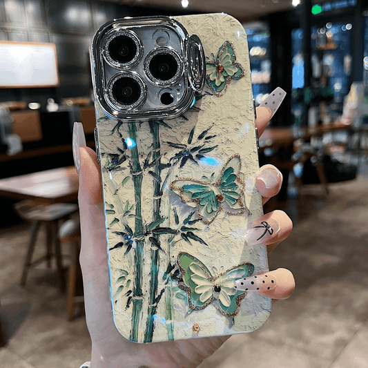 Electroplated Oil Painting Airbag Frame Butterfly And Bamboo Case Cover for iPhone
